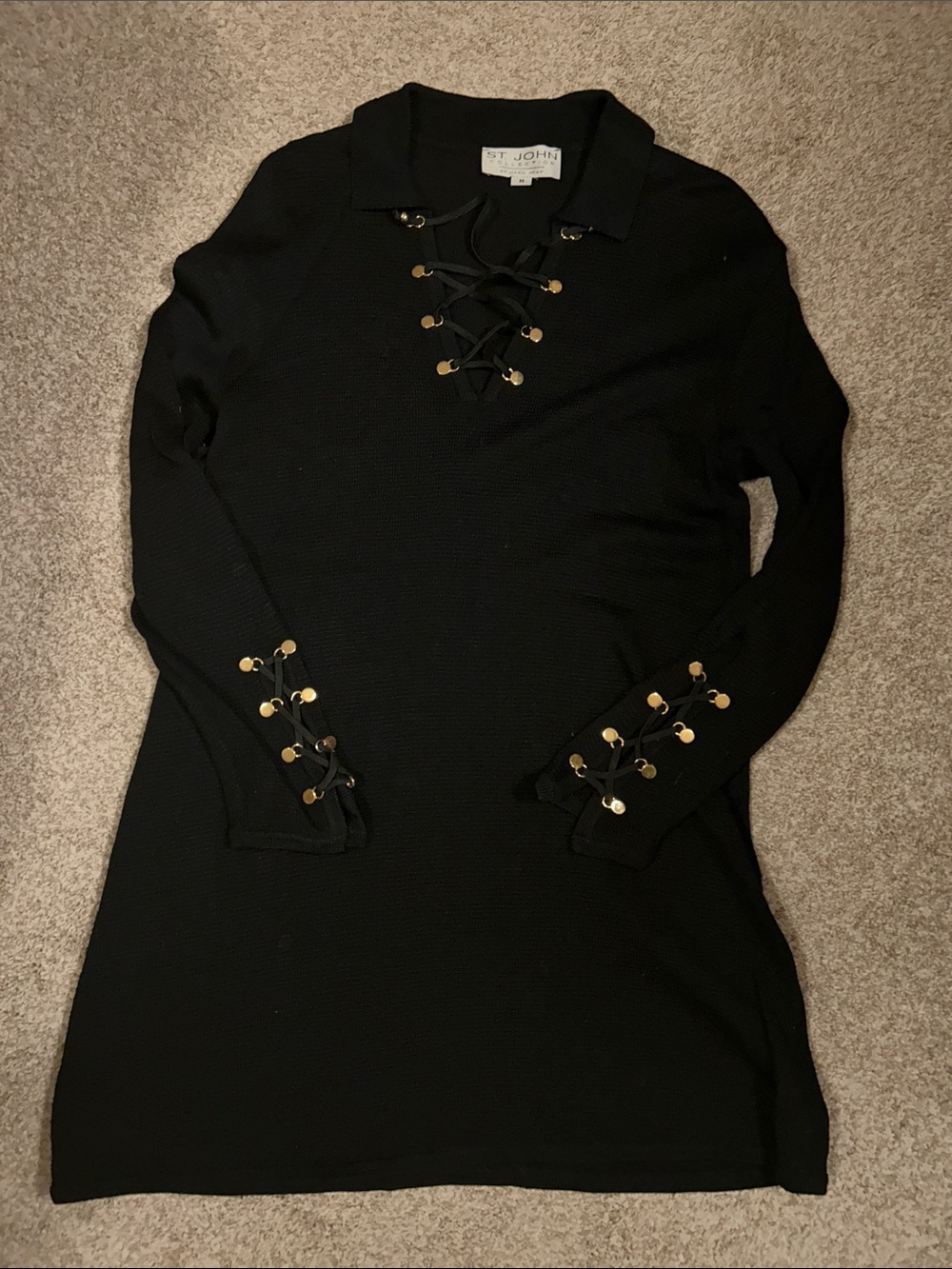 St. John Black Long Sleeve Lace-Up Dress with Gold Accents. M